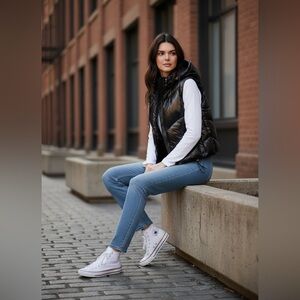 Love & Sports Cropped Puffer Vest w/Hood Full Zip-Adjust Waist-Black Women's Sm